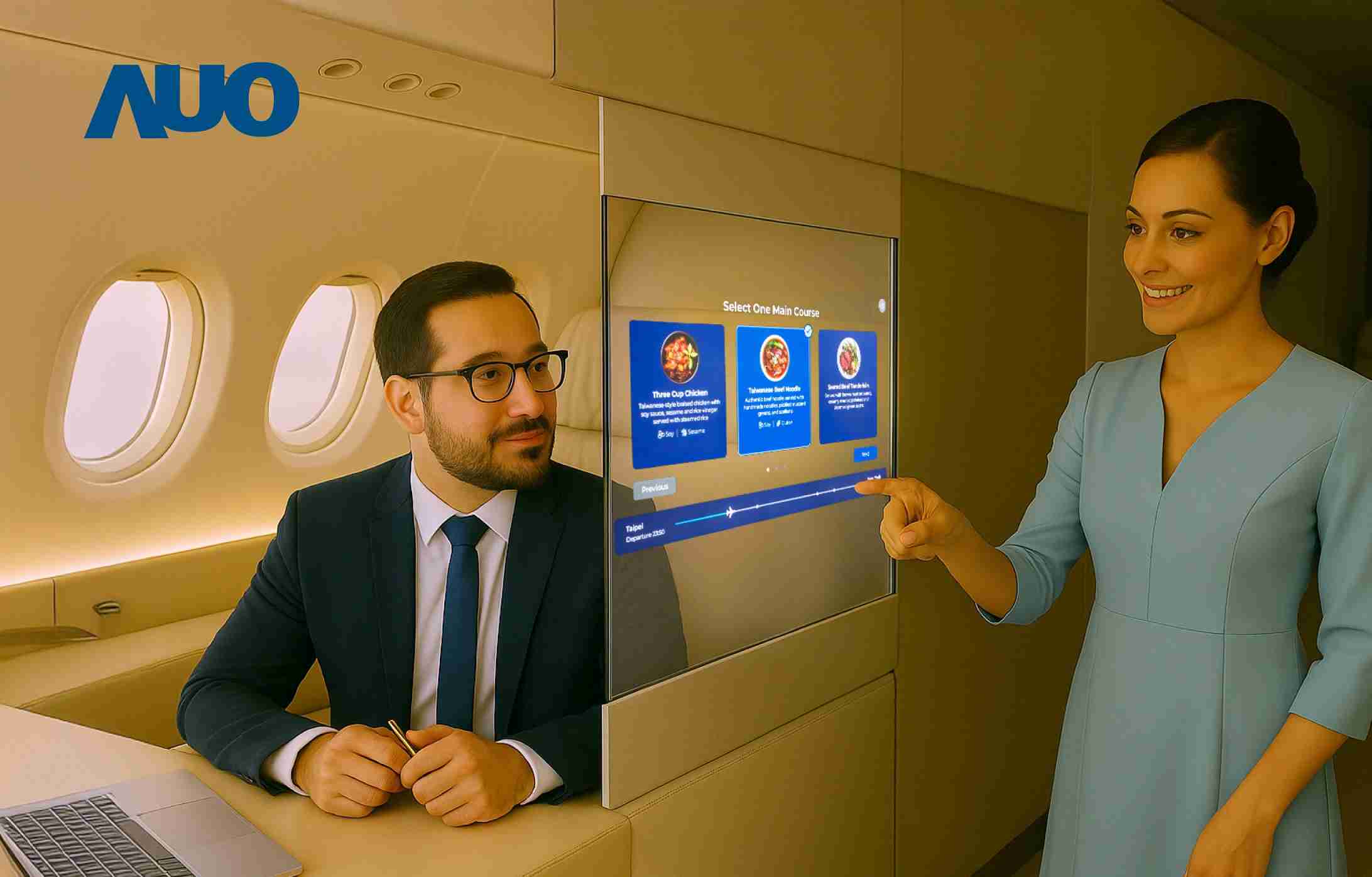 口袋牛店研发全球最薄17.3 吋双面透明 Micro LED 显示器，，，可在同一屏幕之双边投射不同信息，，，创造独特的”透明化”互动；图为实时翻译交流应用情境